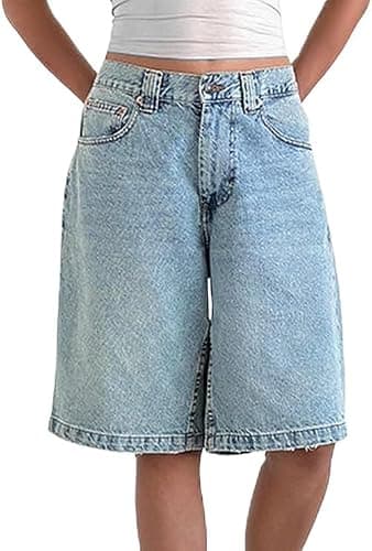 NUFIWI Women Baggy Denim Bermuda Shorts Y2k Straight Denim Shorts | Jean Shorts Womens, Wide Leg, Short Pants, Vintage, Casual, Knee Length, Long Jorts with Pockets, Oversized, Trendy - Image 1