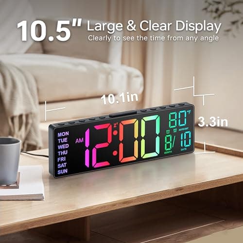 JALL 10.5'' Large Digital Alarm Clock with 8 RGB Colors, Date, Month, Temperature LED, Auto DST, Digital Clock Large Display for Classroom, Office, Bedroom, Back-to-School Gift for Students, Teachers thumbnail 2