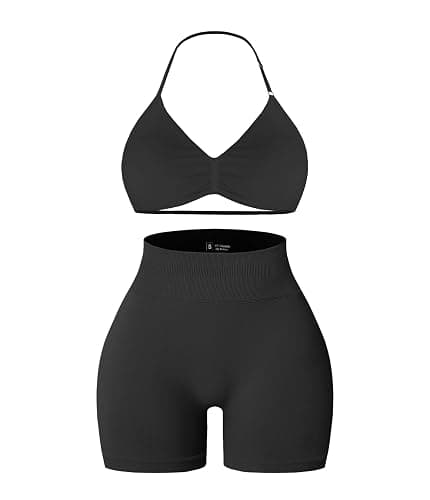 Comper 2 Piece Workout Sets for Women Halter Strappy Sports Bra with Seamless Ribbed Gym Yoga shorts Outfits - Image 1