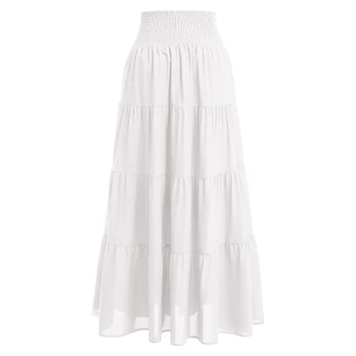 IWEMEK Women Boho Elastic Waist A Line Ruffle Beach Convertible Maxi Skirt Dress Tired Pleated Drawstring Chiffon Long Skirts thumbnail 4