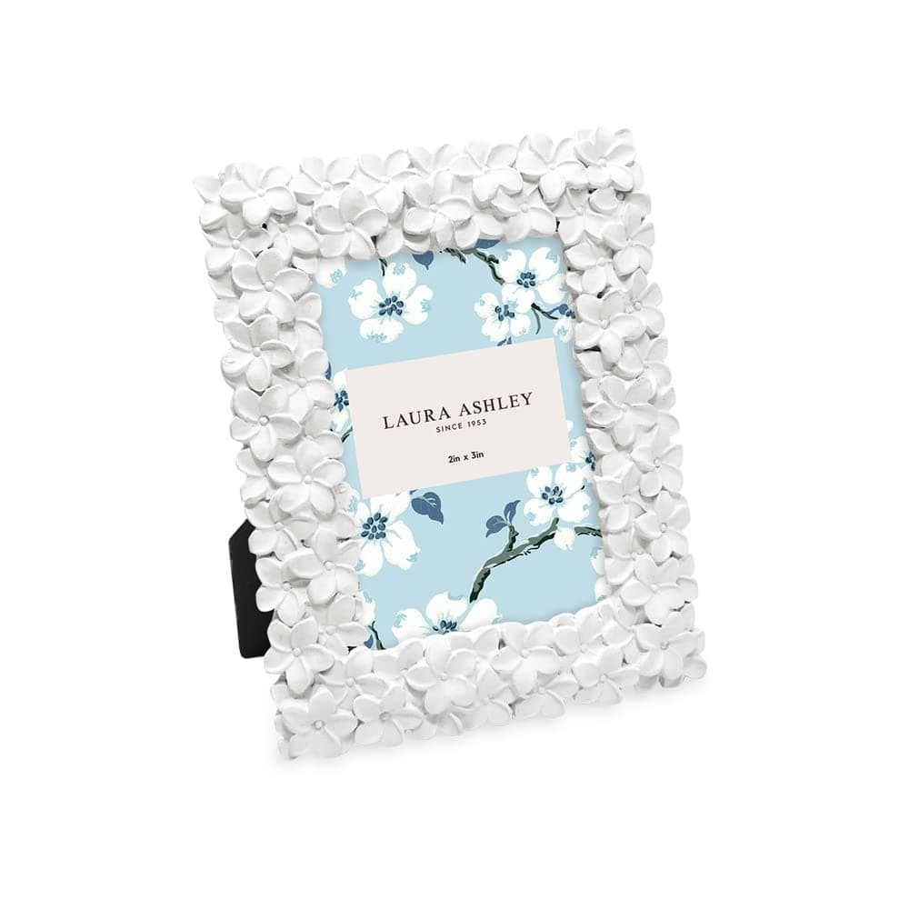 Laura Ashley 2x3 White Flower Textured Hand-Crafted Resin Picture Frame w/Easel & Hook for Tabletop & Wall Display, Decorative Floral Design Home Décor, Photo Gallery, Art (2x3, White) - Image 1