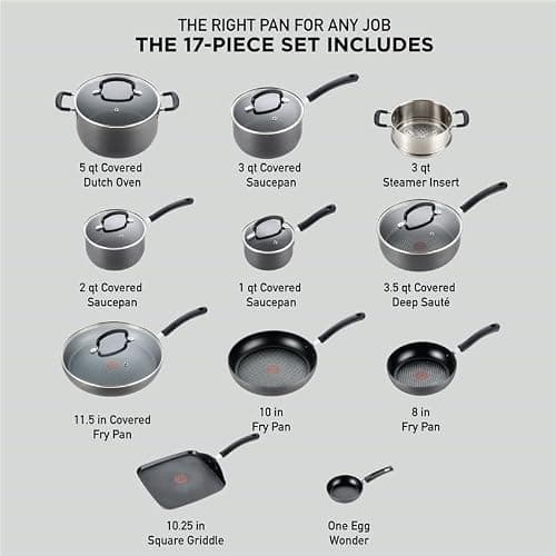 T-Fal Ultimate Hard Anodized Nonstick Pots and Pans Set 17 Piece, Nonstick Cookware Set with Fry Pan, Saucepans, Saute-Pan, Griddle, Dishwasher Safe, Onyx thumbnail 2
