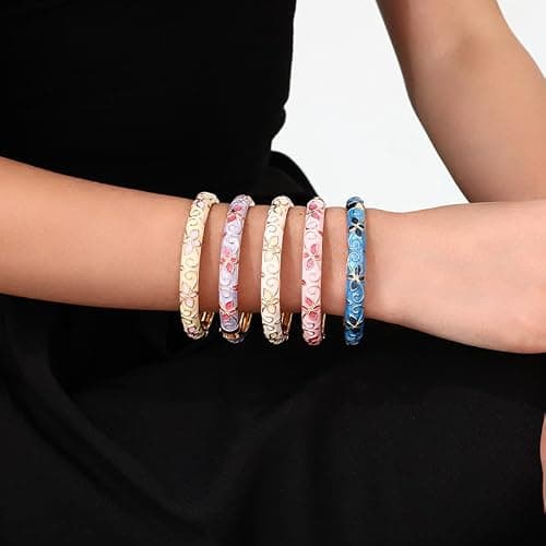 sunglnl Cloisonne Bracelet For Women, 4 Petals of Flower Shaped Enamel Bling Chunky Bangle Trendy Cute Colorful Gold Plated Vintage Bracelets Stackable Wife Jewelry Friendship Gift thumbnail 2