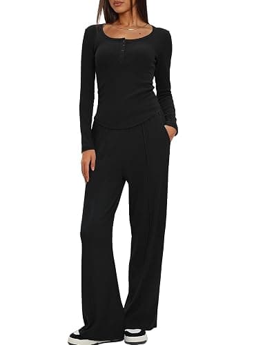 Darong Women's Fall Trendy 2 Piece Outfits Lounge Sets Long Sleeve Top Henley Shirts Wide Leg Pants Travel Clothes - Image 1