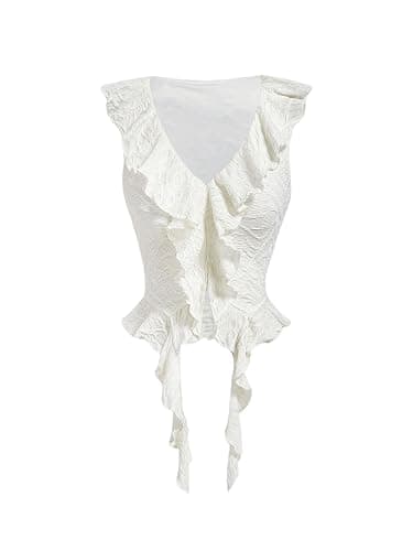 Floerns Women's Y2K Asymmetrical Ruffle Concert Top V Neck Sleeveless Textured Going Out Western Crop Tops - Image 1