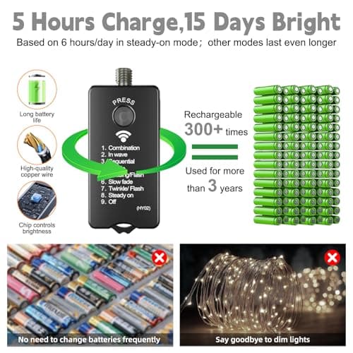 HXWEIYE Rechargeable Fairy Lights with Remote, 2 Pack 33ft 100LED Twinkle Lights with DIY Timer & Light Sensor, Waterproof Outdoor String Lights for Bedroom Patio Christmas Tree Decor, White thumbnail 2
