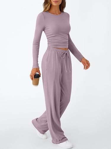 Trendy Queen Women's 2 Piece Matching Lounge Set Long Sleeve Slightly Crop Top Wide Leg Pants Casual Sweatsuit thumbnail 3
