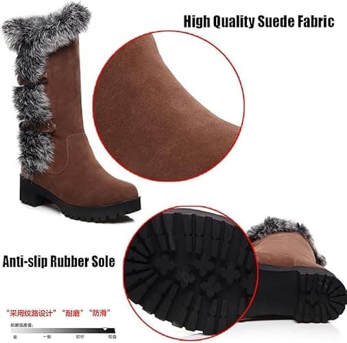 Women's Suede Mid-Calf Snow Boots Warm Womens Boots Fleece Furry Leather Non-slip Snow Fur Lined Insulated Boot thumbnail 8