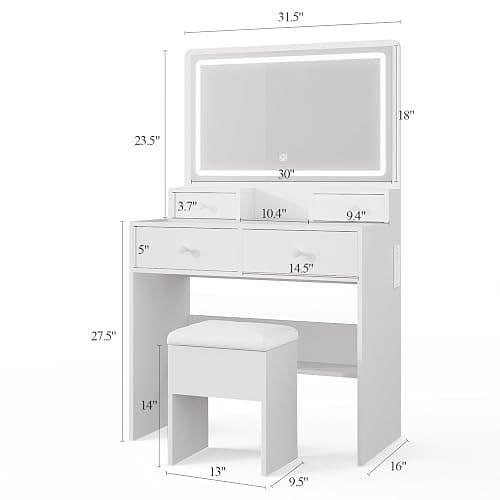 Haewon White Vanity Desk with Mirror and Power Outlet, Makeup Vanity with Adjustable Brightness and 3 Lighting Modes, Dressing Table Set with 4 Drawers, Storage Chair for Bedroom thumbnail 2