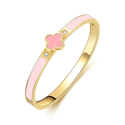 ⭐️KYJAC Clover Bracelets for Women Gold and Silver Chunky Oval Clover Bangle | 18k Gold Plated Stainless Steel,Precision Polished Non Tarnish,Black/White/Red/Pink/Orange Clover Bracelet Gifts for Women - Image 1