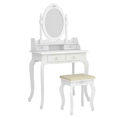 White Vanity Jewelry Makeup Dressing Table Set W/Stool 4 Drawer Mirror Wood Desk thumbnail 4