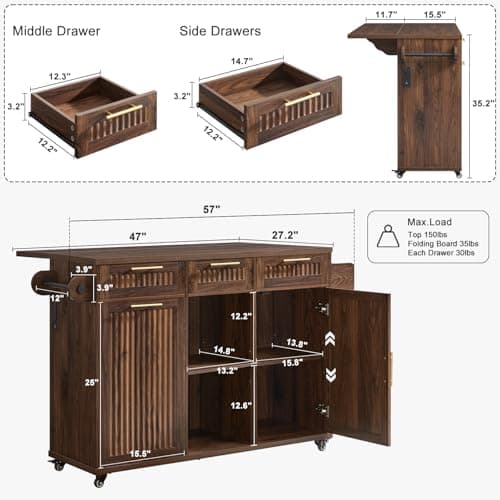 Okvnbjk 57" Rolling Kitchen Island with Storage & Drop Leaf, Walnut thumbnail 2