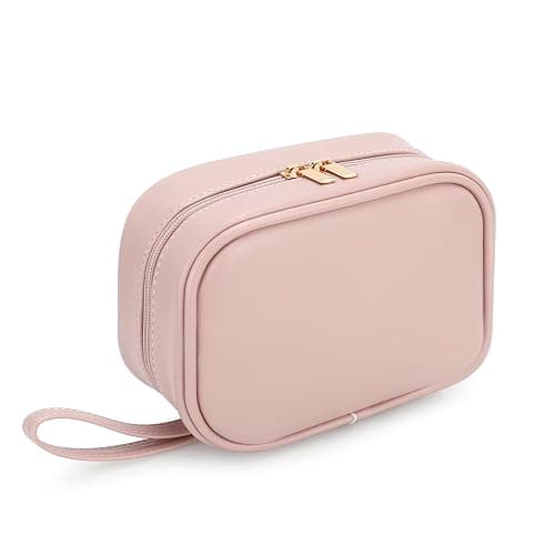 E-Tree Makeup Bag, Travel Leather Make up Case Organizer, Cosmetic Pouch for Girls Women, Small Toiletry Bag with Strap, Pink - Image 1