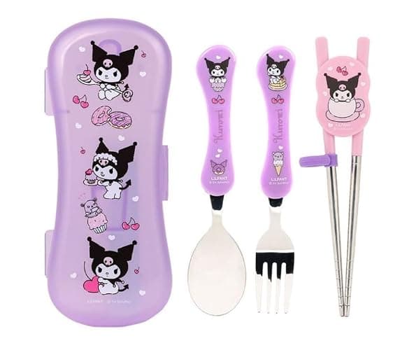 Lilfant Cute Fork, Spoon, and Chopsticks Flatware Set with Case, Stainless Steel (Purple), Medium - Image 1