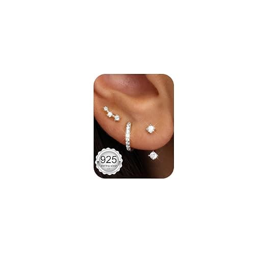 FIASASO 3 Pairs 925 Sterling Silver Hypoallergenic Earrings for Women Trendy - 14K Gold Plated Stud Hoop Cartilage Earrings Set Small Earring Stacks for Sensitive Ears Non Tarnish Dainty Silver Earring - Image 1