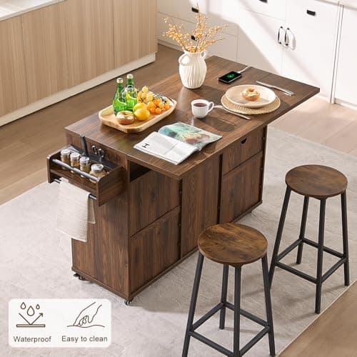 Okvnbjk 57" Rolling Kitchen Island with Storage & Drop Leaf, Walnut thumbnail 4