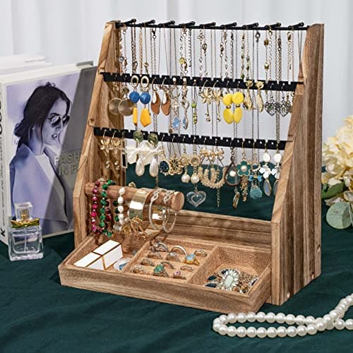 DGWJSU Jewelry Organizer Stand, 5 Layer Earring Holder Organizer with Necklace Holder, Rustic Wood Earring Organizer Display for Stud Earring Bracelet Necklace Ring, Watches thumbnail 6
