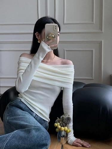 Women Long Sleeve Off Shoulder Wool Blend Y2k Aesthetic Tops Tee Knitted Sweater Shirt Pullover Fairycore Clothing thumbnail 3