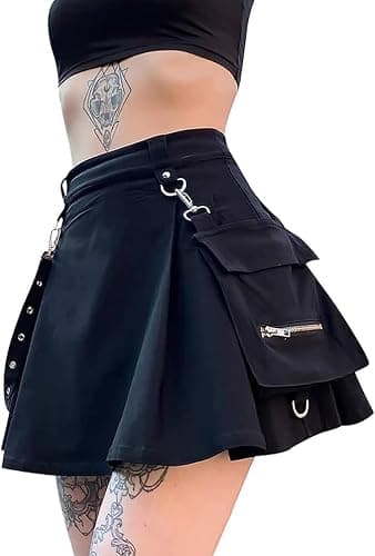Ruolai Goth Black Pleated Mini Skirt with Chain High Waisted Tennis Skirt - Image 1
