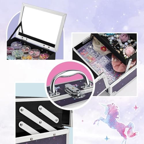 Joligrace Makeup Case for Girls Cosmetic Train Case Makeup Storage Box Jewelry Organizer Hair Accessories Lockable with Trays & Mirror Kids Gift Unicorn thumbnail 4