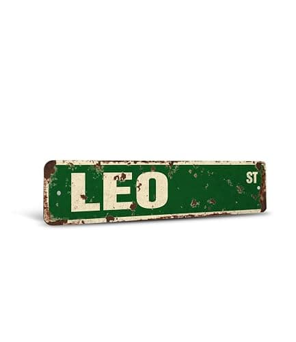 LEO Vintage Style Rustic Street Sign – Childrens Name Room Retro Decorative Wall Sign for Home, Bar, Garage, or Outdoor Use | 4" X 18" Aluminum Metal Road Sign - Image 1