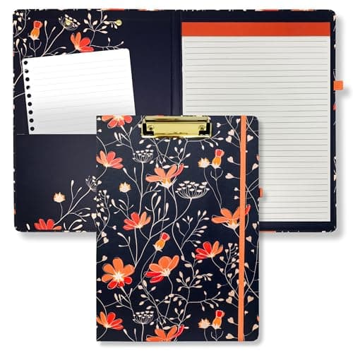 Steel Mill & Co Cute Clipboard Folio with Refillable Lined Notepad and Interior Storage Pocket, Navy Blue Padfolio for Work, Floral Vines - Image 1