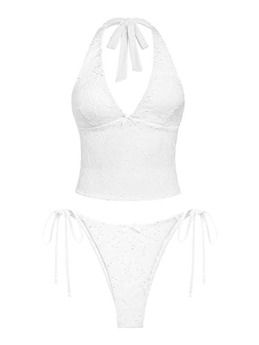 seamoly Vintage Eyelet Jacquard Textured Bowknot Decor Halter Tie Side Tankini Set - Image 1