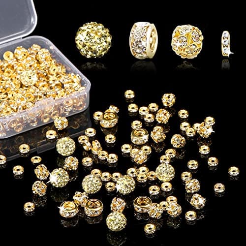 sjavocado Rhinestone Spacer Beads 6mm 8mm 10mm Crystal Loose Beads Set Four Styles of Loose Beads with Container Box Copper Material Spacer Beads for Necklaces Bracelets Jewelry Making(Golden) - Image 1