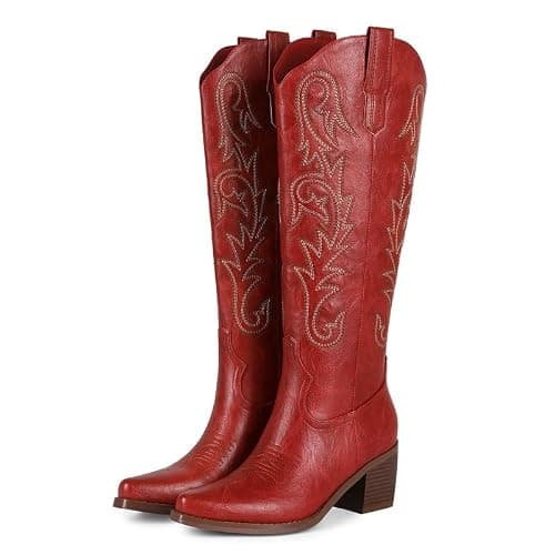 ZJA Women Western Cowboy Boots Knee High Cowgirl Tall Boots with Block Chunky Heel for Casual Rodeo Embroidered Pull On Pointed Toe Morning Glory Boots thumbnail 4