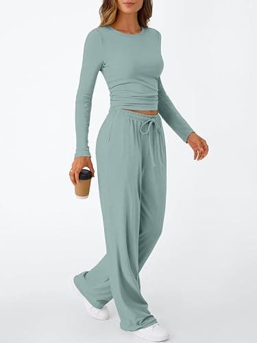 Trendy Queen Women's 2 Piece Matching Lounge Set Long Sleeve Slightly Crop Top Wide Leg Pants Casual Sweatsuit thumbnail 3