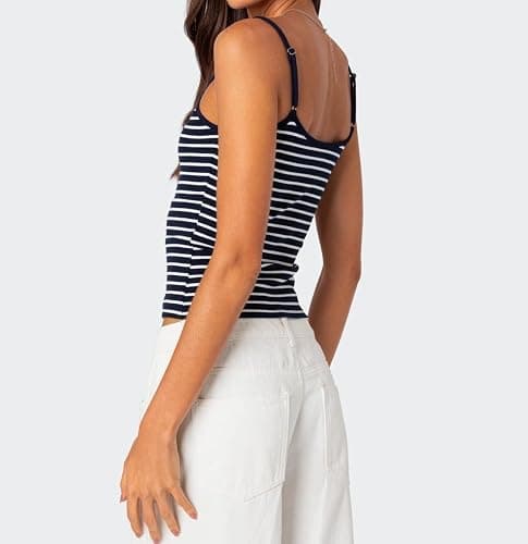 Women Stripe Print Cami Top Y2k Spaghetti Strap Backless Crop Tank Aesthetic Sleeveless Slim Fit Going Out Tops thumbnail 4