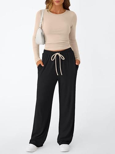 Trendy Queen Women's 2 Piece Matching Lounge Set Long Sleeve Side Ruching Top Wide Leg Drawstring Pants Set with Pockets thumbnail 2