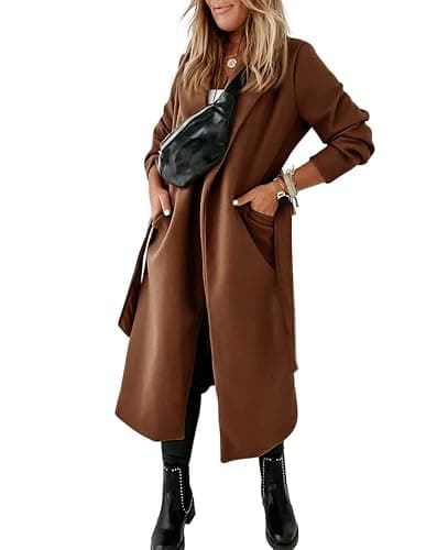 Womens Classic Coat Lapel Collar Open Front Belted Long Jacket thumbnail 4
