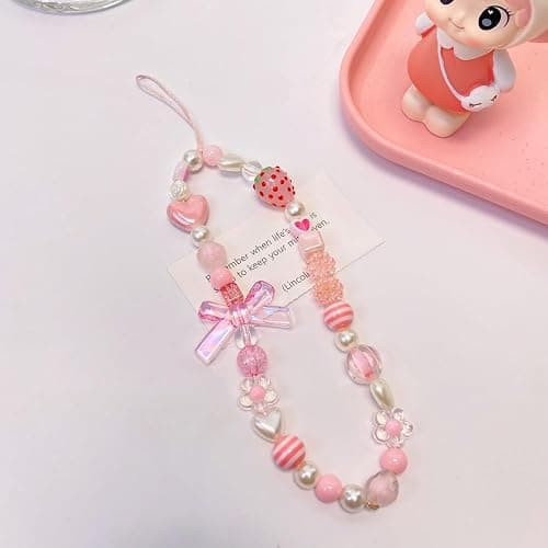 Fycyko Compatible for iPhone 15 3D Strawberry Pearl Bow Clear with Design Aesthetic Women Teen Girls Glitter Pretty Sparkle Sparkly Cute Girly Phone Cases Protective Cover+Pearl Chain thumbnail 3
