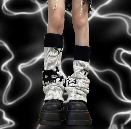 heyheyshine Y2k Star Skull Print Two Side Wear Knitted Leg Warmers Socks Punk Girls Japanese Kawaii Streetwear Leg Cover - Skull Star Flared - One Size thumbnail 6