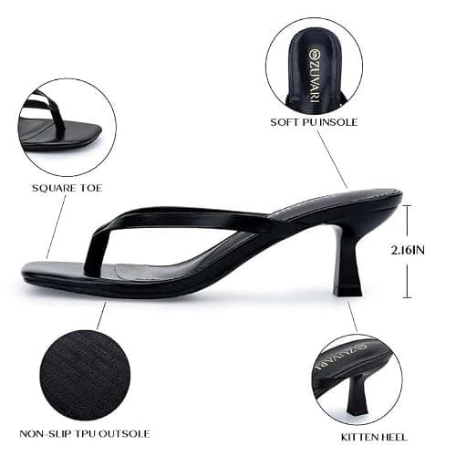 ZUVARI Kitten Heels for Women, Square Toe Flip Flop Kitten Heel Sandals, 2.16 Inch Thong Heels, Slip-On Dressy Summer Heeled Sandals thumbnail 5