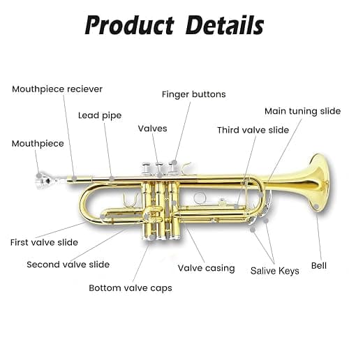 WUQIMUSC Bb Trumpet for Beginners, Standard B Flat Trumpet with 7C Mouthpiece, Hard Case, Gloves & Cleaning Cloth, Student Brass Instrument (Golden) thumbnail 7