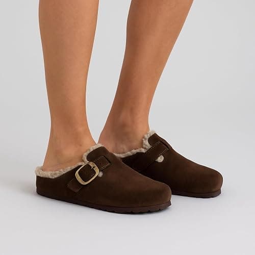 CUSHIONAIRE Haven Genuine Leather Clogs for Women – Faux Fur Lined Slip-On Womens Shoes with Cork Footbed and Adjustable Buckle thumbnail 8