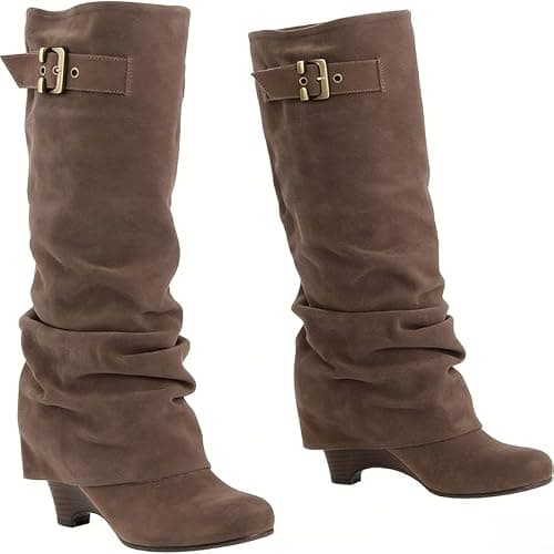 onlymakerheels Slouchy Wedge Suede Boots Fold Over Knee High Pull On High Heels thumbnail 4