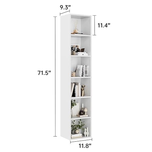 SiliBamb Narrow Bookshelf, 6-Tier Open Bookcase, Coner Shelf, Storage Shelves, Display Storage Shelves, Floor Standing Unit, Home Decor, Furniture for Home Office, Living Room, Bedroom, White thumbnail 2