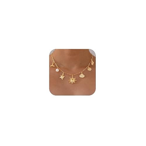 Lydow Charm Necklace for Women, 14K Gold Plated Shell Sun Starfish Summer Beach Necklace 16+3" Paperclip Chain Jewelry Gifts - Image 1