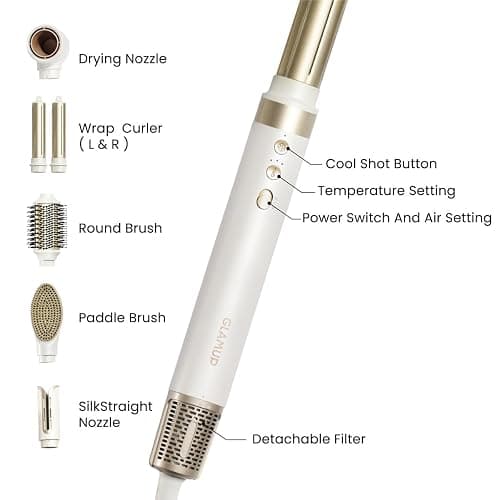 GLAMUP® 6 in 1 Hot Air Styler, Upgraded Long Barrel, Tight Grip, Powerful High Speed Dryer, Volumizer, Blow Dryer Brush, Curling Volumizing Hair Styler Gift Set with Travel Bag thumbnail 2