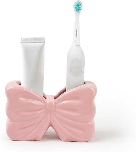 Bow Toothbrush Holder, Pink Ceramic Multi-Purpose 2-Section Organizer for Bathroom, Kitchen, Bedroom, Office Decor - Image 1