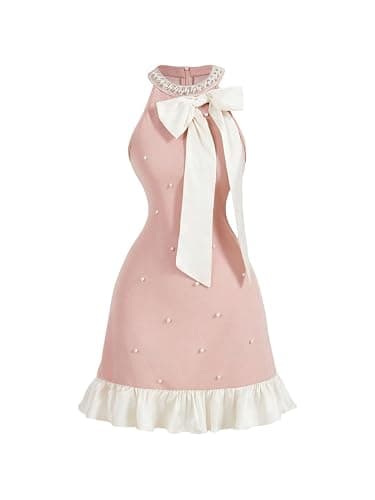 Floerns Women's Cute Bowknot Halter Dress Pearl Beaded Ruffle Hem Party Mini Dresses - Image 1