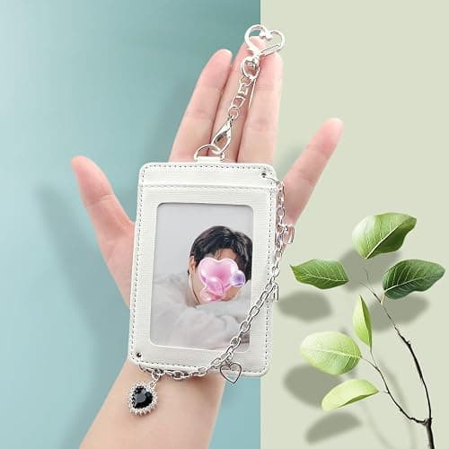 K-pop Photocard Holder Keychain with Metal Chain – 2 pcs Hard Protective Card Case with Heart & Star Clip Keychain, Decorative Charms for Toploader or Badge Black and White thumbnail 6