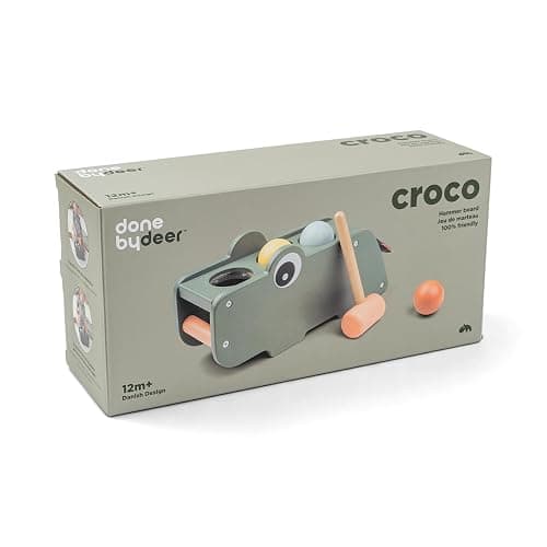Done by Deer Hammer Board Croco Green - Wooden Activity Toy for Hand-Eye Coordination and Sense of Hearing - Green Color with Colorful Elements - Soft, Durable Fabric Flap with Crinkling Sound thumbnail 5