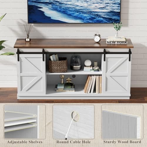 YESHOMY Farmhouse TV Stand for Televisions up to 65 Inches, Sliding Barn Doors and Storage Cabinets, Console Table and Media Furniture for Living Room, 58 Inch, White thumbnail 6