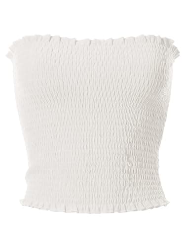 MixMatchy Women's Ruffled Smocking Crop Tube Tops Summer Casual Bandeau Top - X-Large - A White thumbnail 2