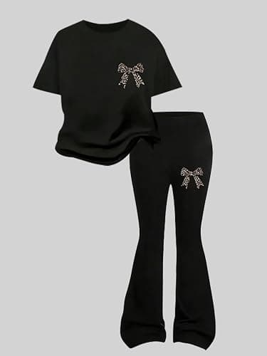 xueteox Girls Long Sleeve Sweatshirt 2 Piece, Bow Graphic Top and Pants Spring Fall Fashion Casual Clothes. thumbnail 2
