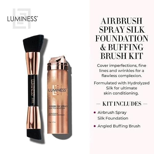 LUMINESS Silk Airbrush Spray Foundation & Buffing Brush Kit – Full Coverage Foundation & Dual-Sided Buffing Brush - Buildable Coverage, Anti-Aging Formula Hydrates & Moisturizes (Shade - Medium) thumbnail 4